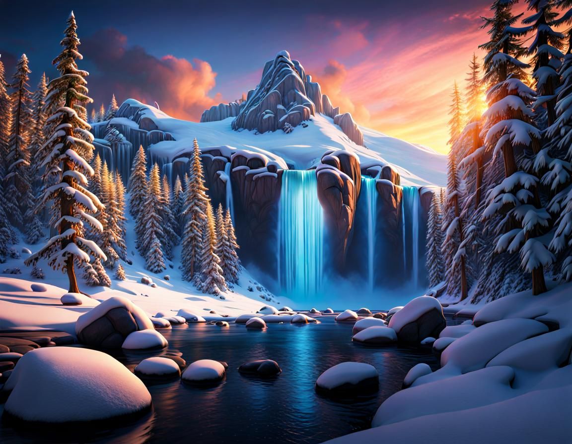 Frozen Waterfall Under Aurora, Fantasy Concept Art