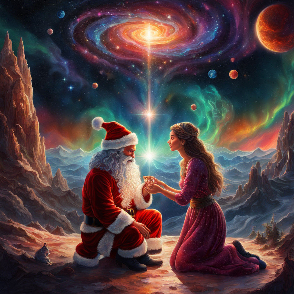 Santa Claus Proposes to a Lovely Woman in a Vibrant Cosmic S...
