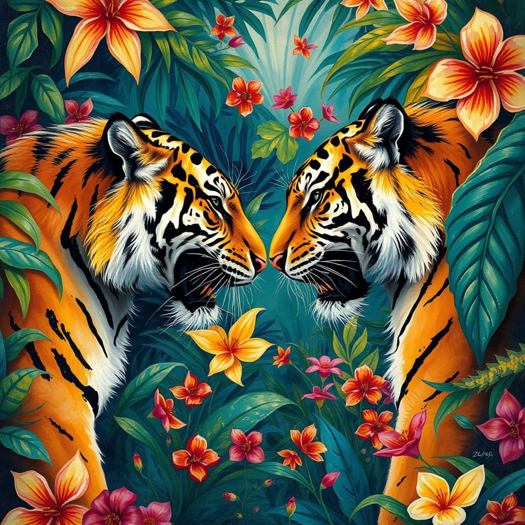 Majestic Tigers Confront in Vibrant Jungle Landscape