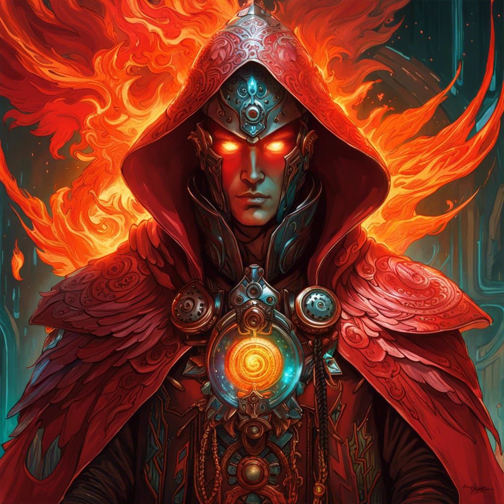 Male wizard cyborg with fire red robes