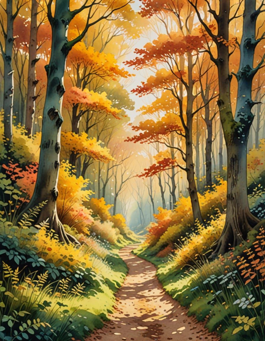 Luminous Autumn Forest Path in Watercolour