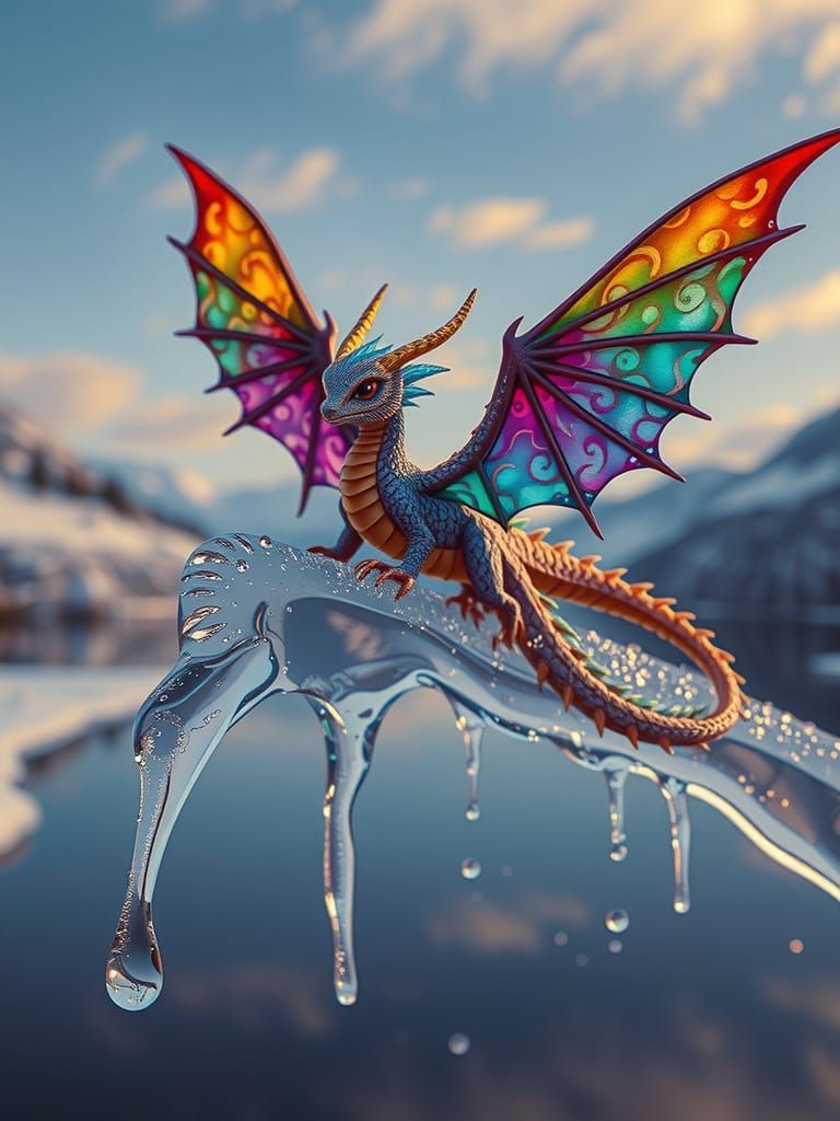 Crystal Water Droplet with Rainbow Dragon Perched on Icicle