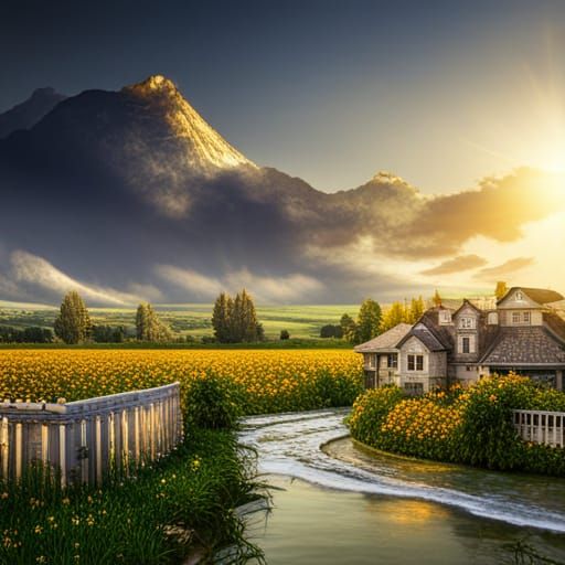 Giant Sunflower Surrounded by Waterfront Mansions