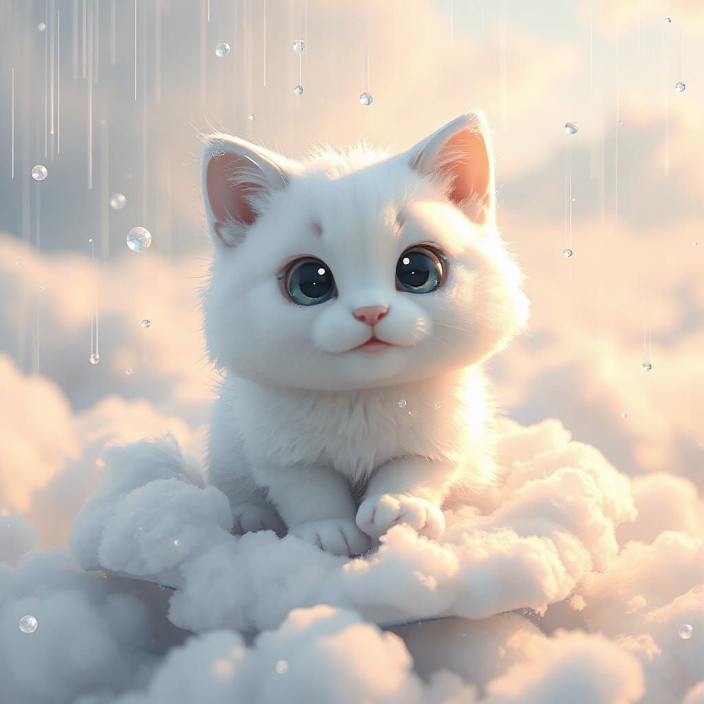 Kawaii Cat on Cloud in Anime Style