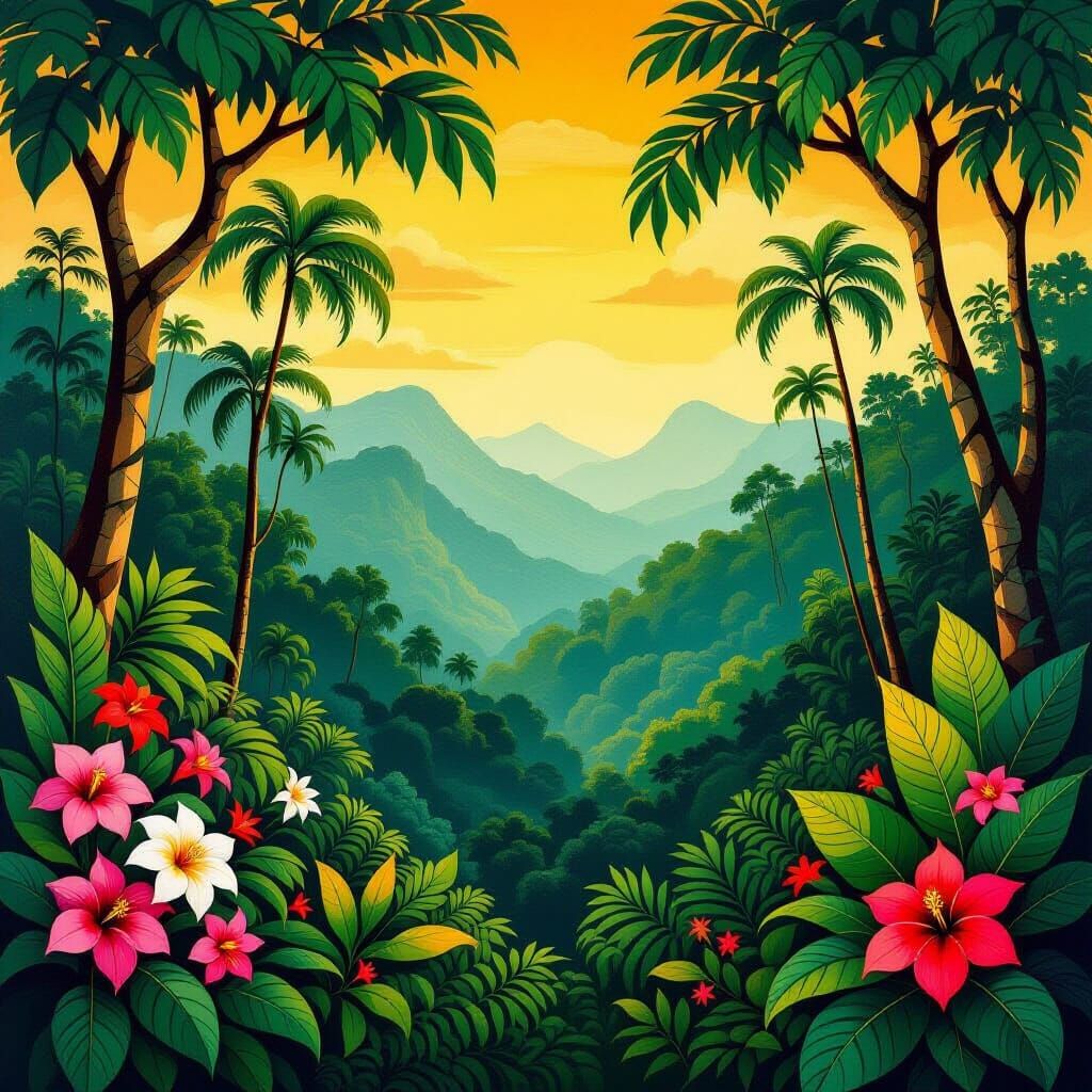 Lush Jungle Landscape in Naive Art Style