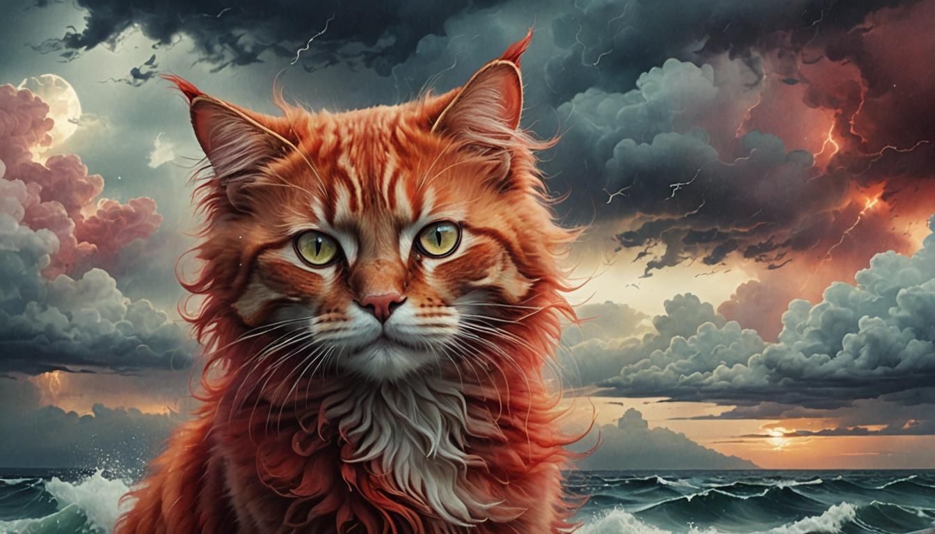 Surreal Red Cat at Sea with Storm Clouds