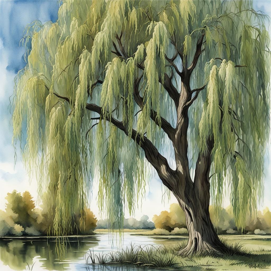 Weeping Willow in Watercolor Style with Blue Sky