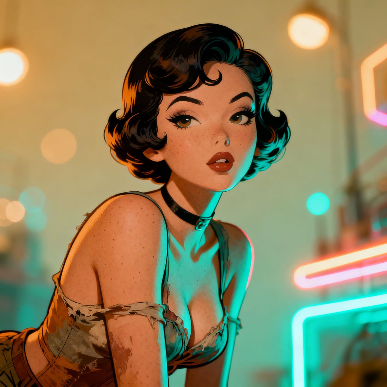 Whimsical Pin-Up Art with Pastel Colors and Neon Accents