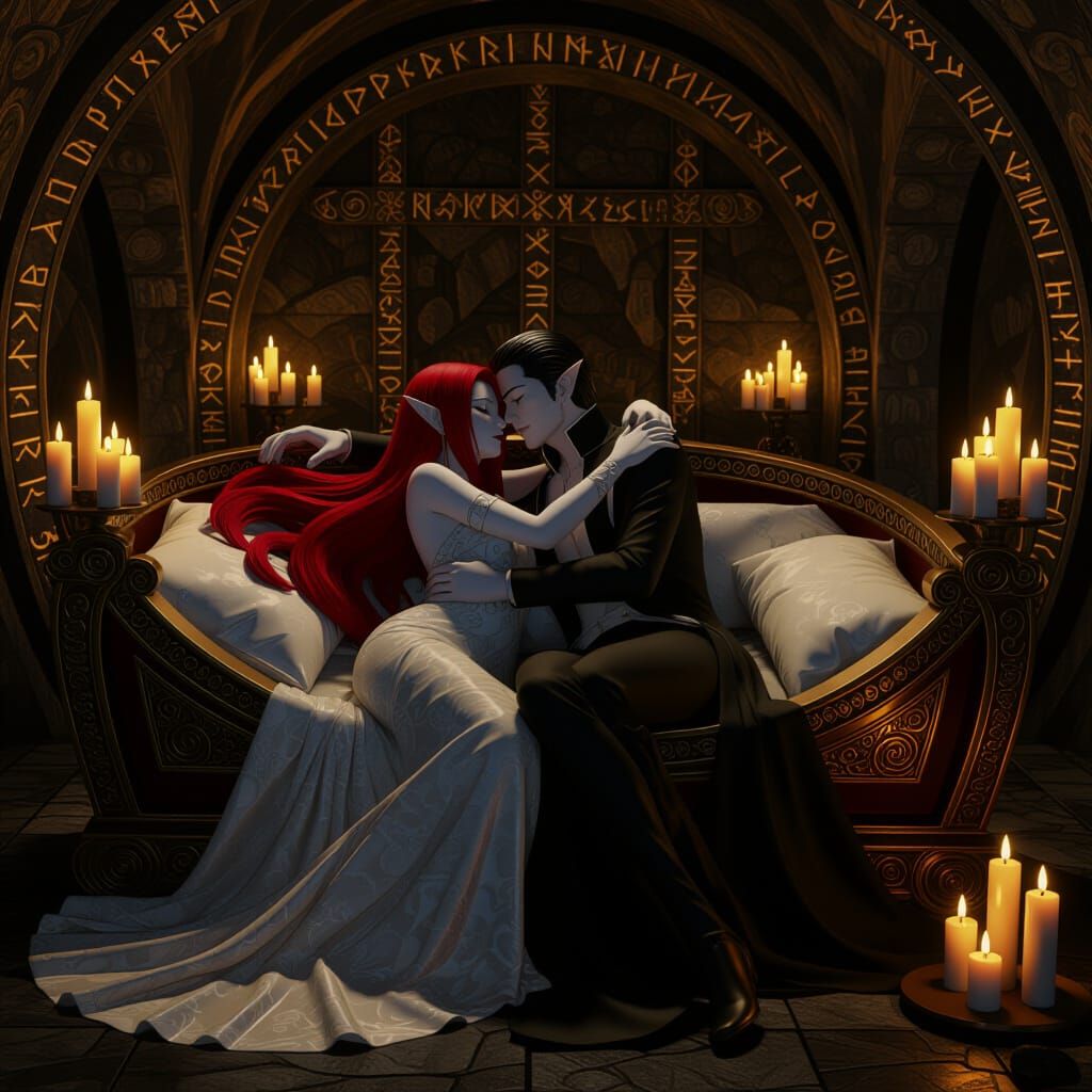 Vampire Embrace in Crypt: Biomechanical Art Nouveau