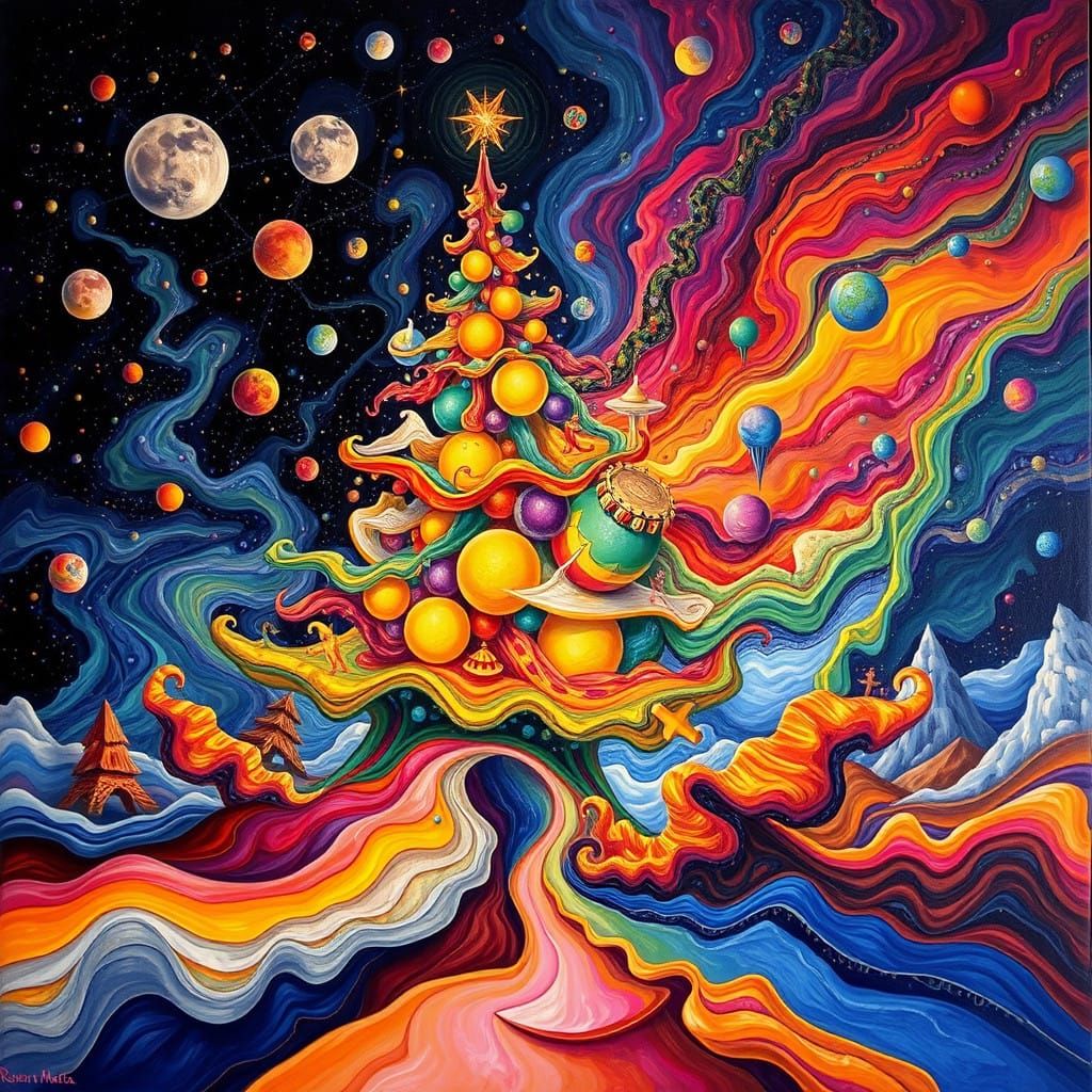 Surreal Christmas Tree in Vibrant Cosmic Landscape