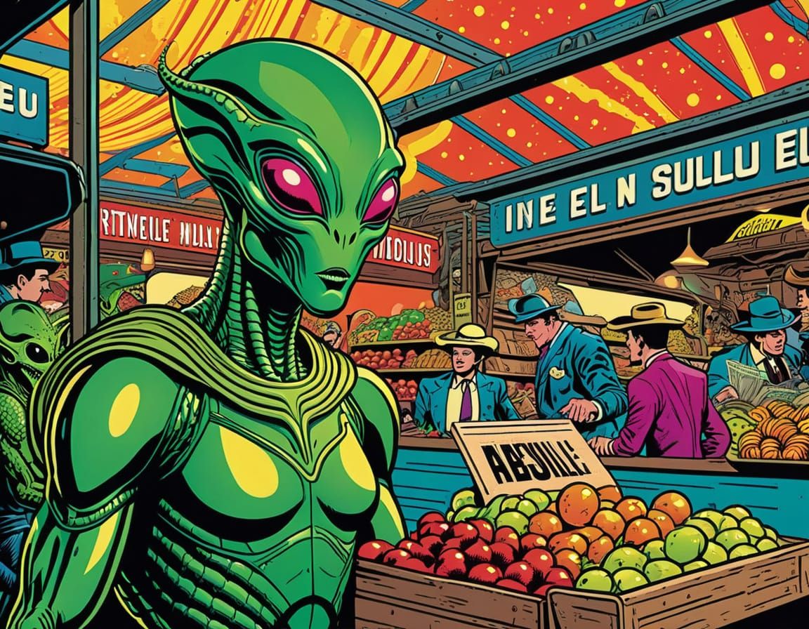 Alien Market Scene in Retro Comic Book Style
