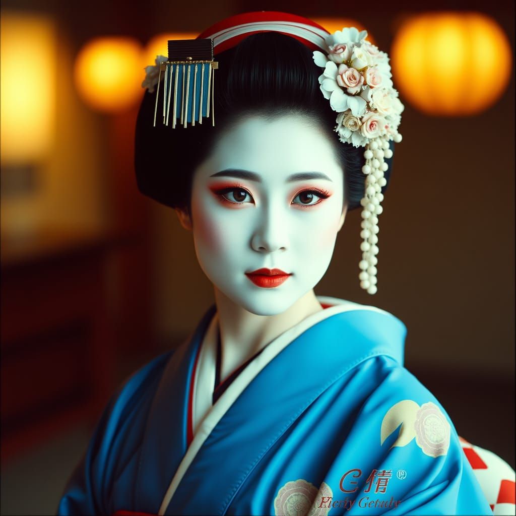 Geisha in Blue Kimono: Cinematic Film Still