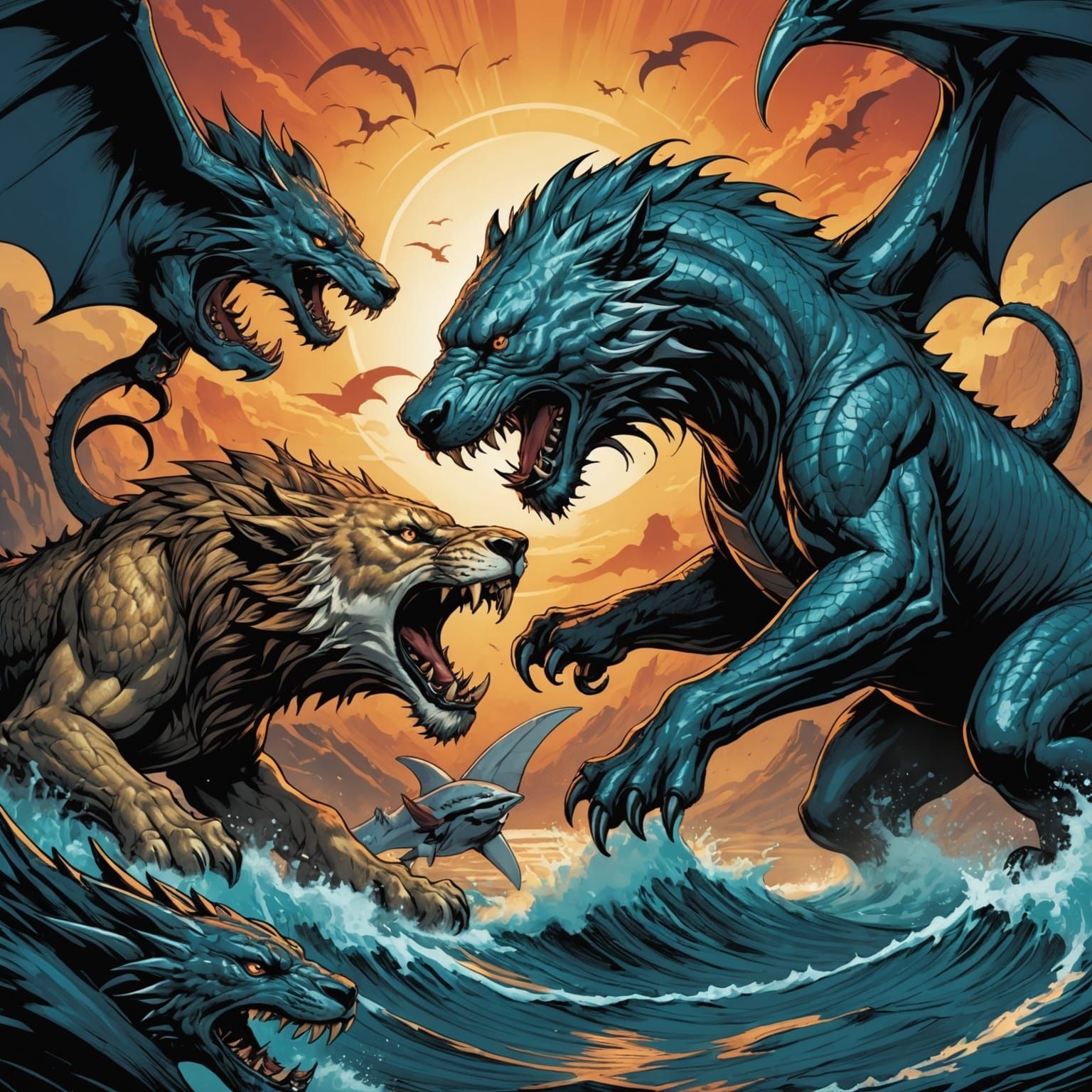 Lion and Wolf Versus Dragon-Shark in Comic Art