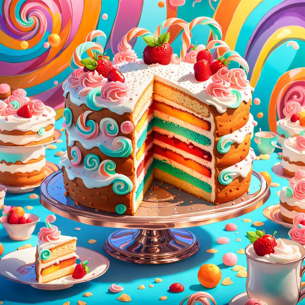 Vibrant Victoria Sponge Cake in Gouache Style
