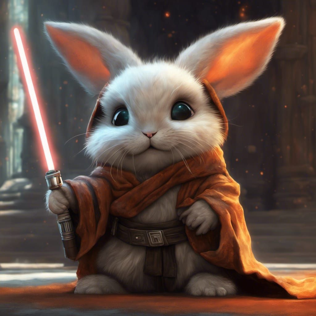 Baby Bunny Jedi Master in Temple, 3D Render