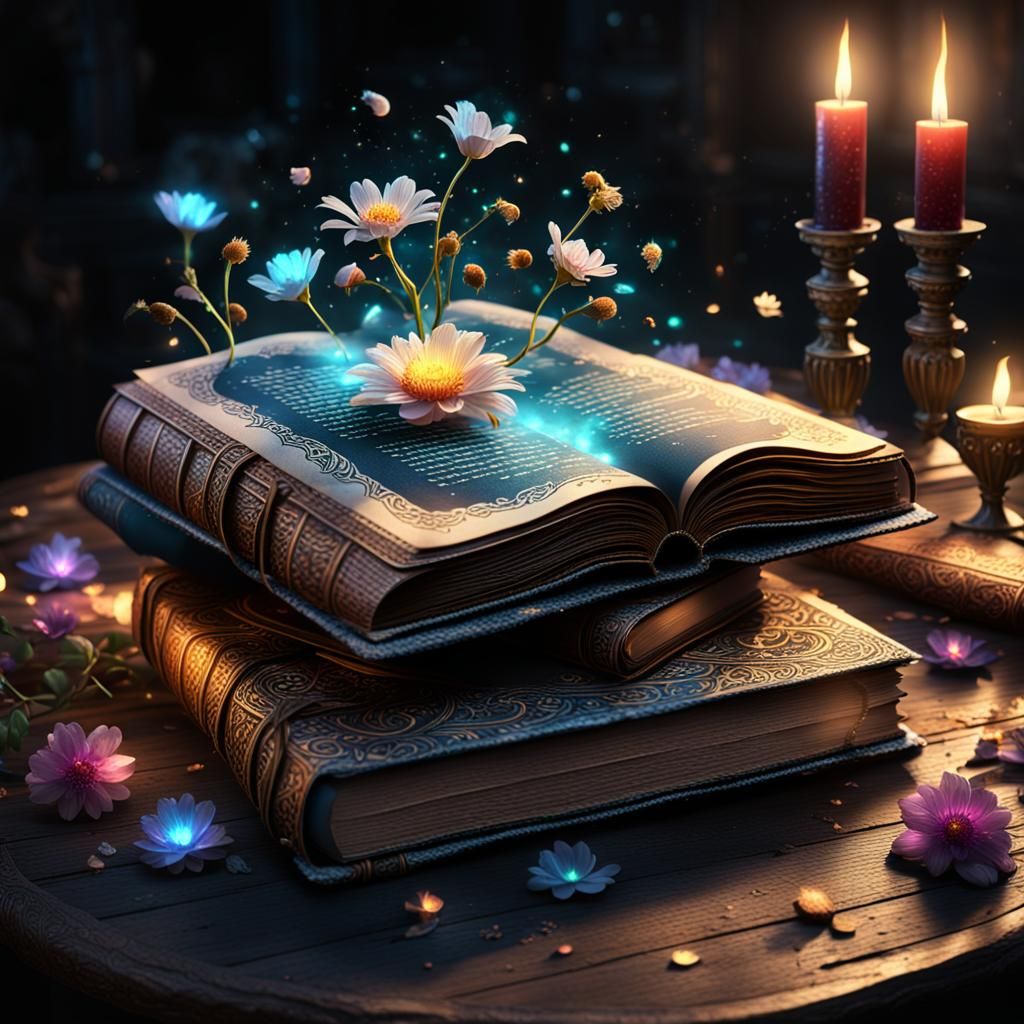 Glowing Magical Book with Floral Inscription