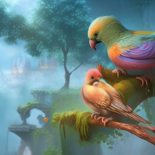 Kawaii Love Birds in Detailed Matte Painting