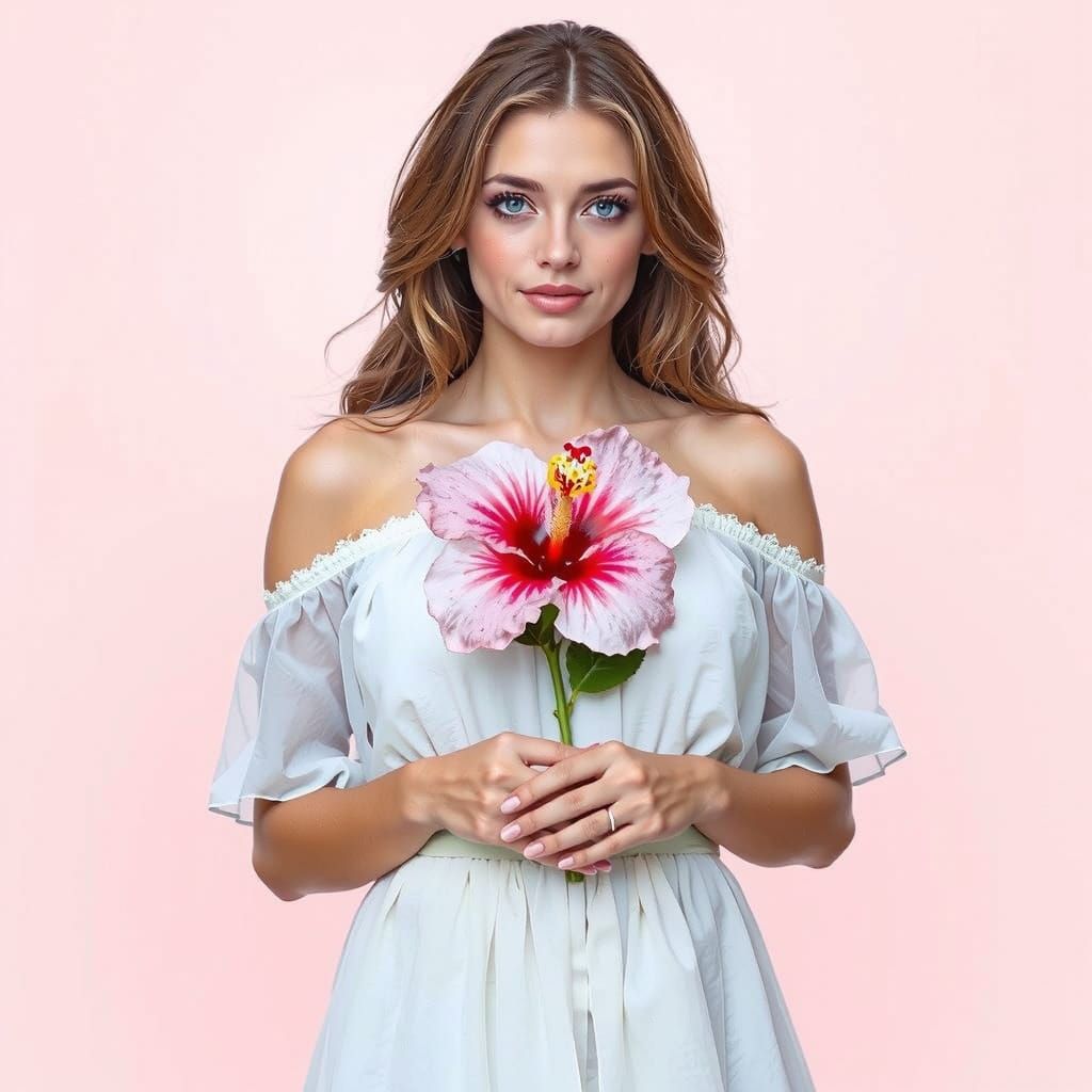 Elegant Woman with Hibiscus Flower, Art Nouveau Style