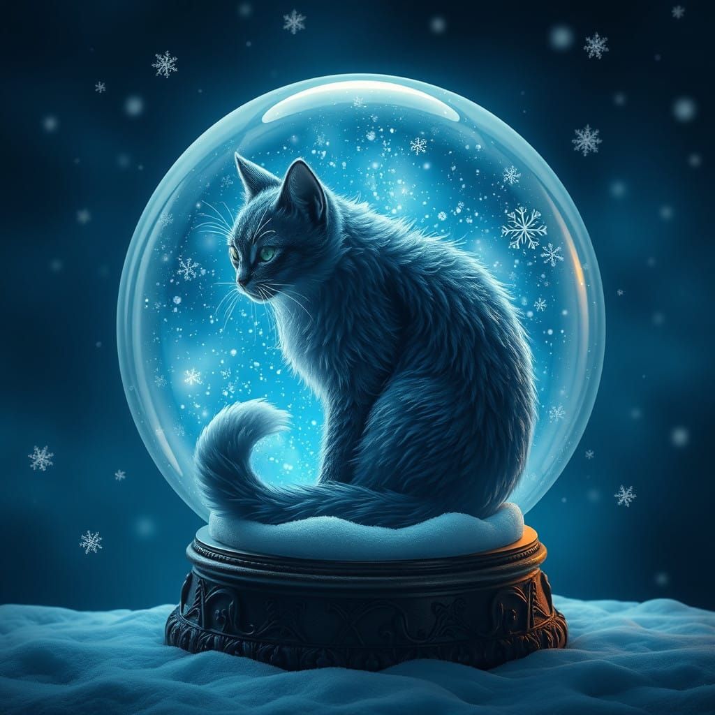 Majestic Cat Form in Whimsical Snow Globe Scene