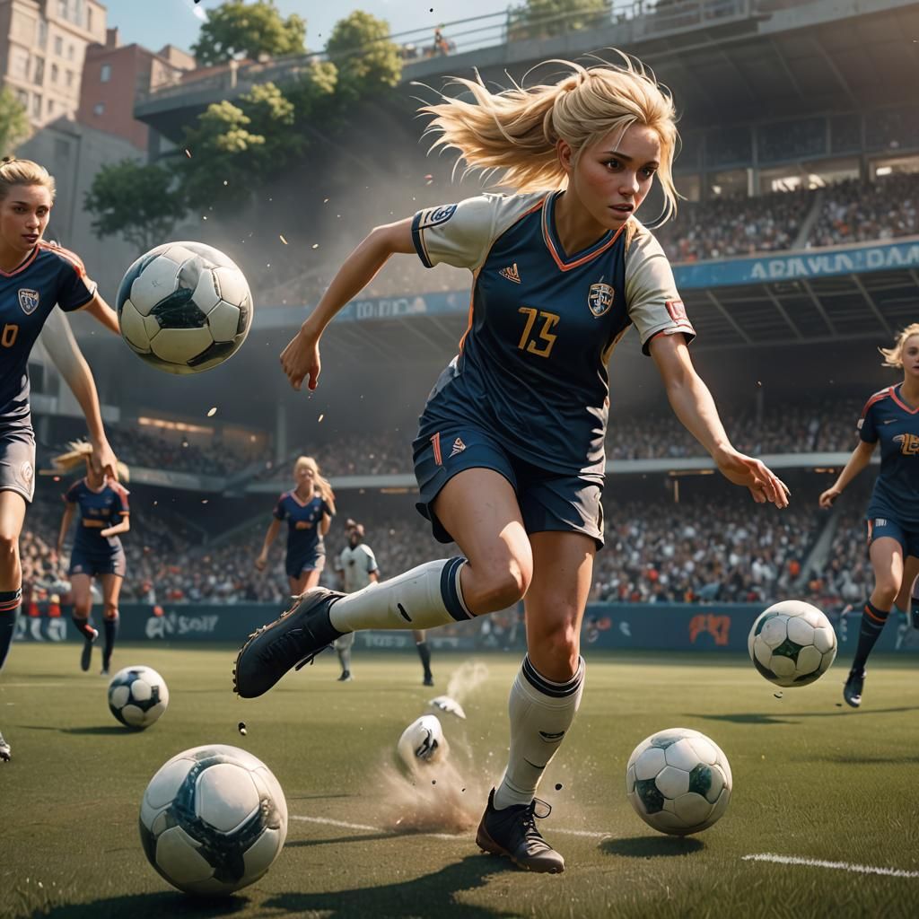 Blonde Girl Playing Soccer: Fantasy Concept Art