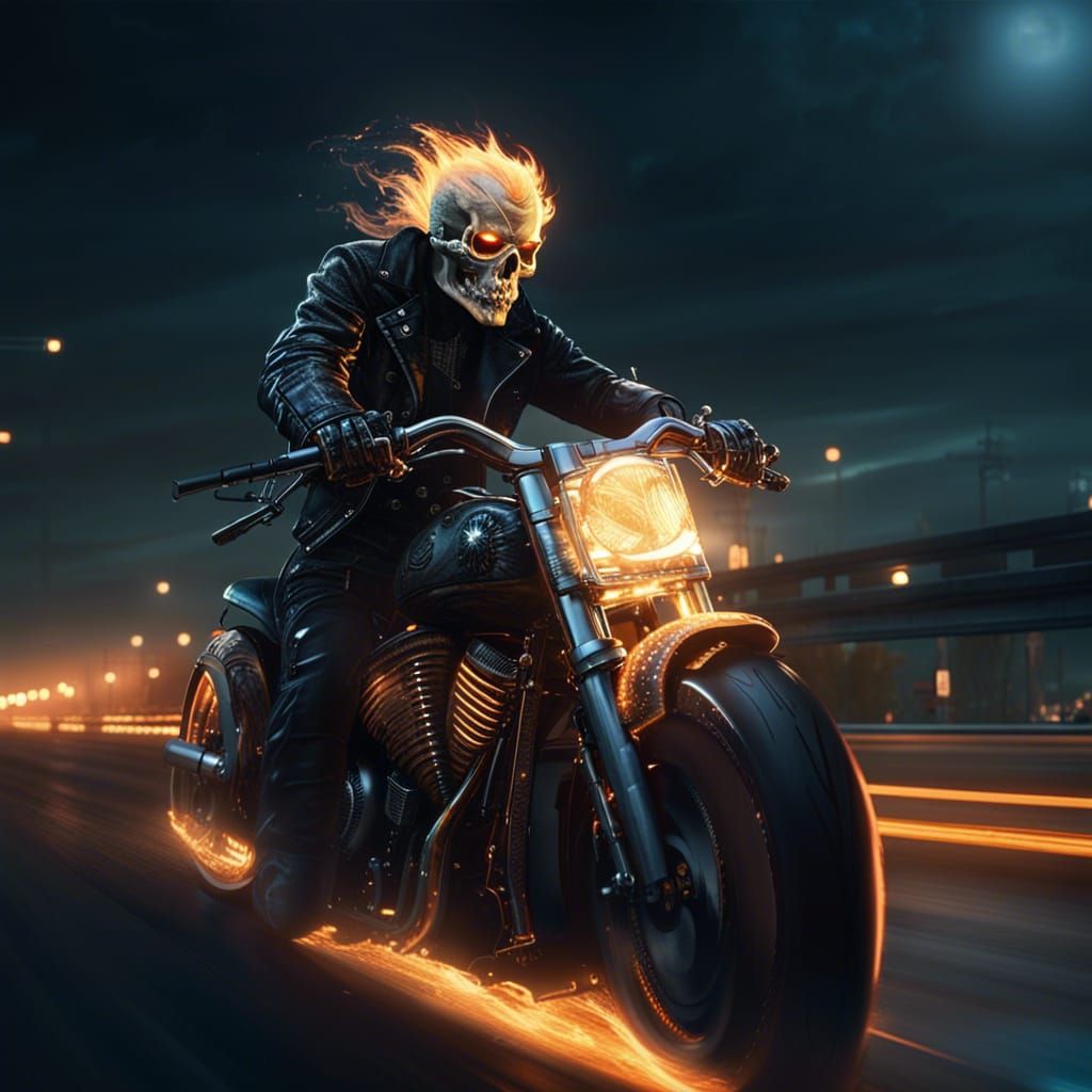 Ghost Rider on Flaming Bike, Dark Fantasy Art