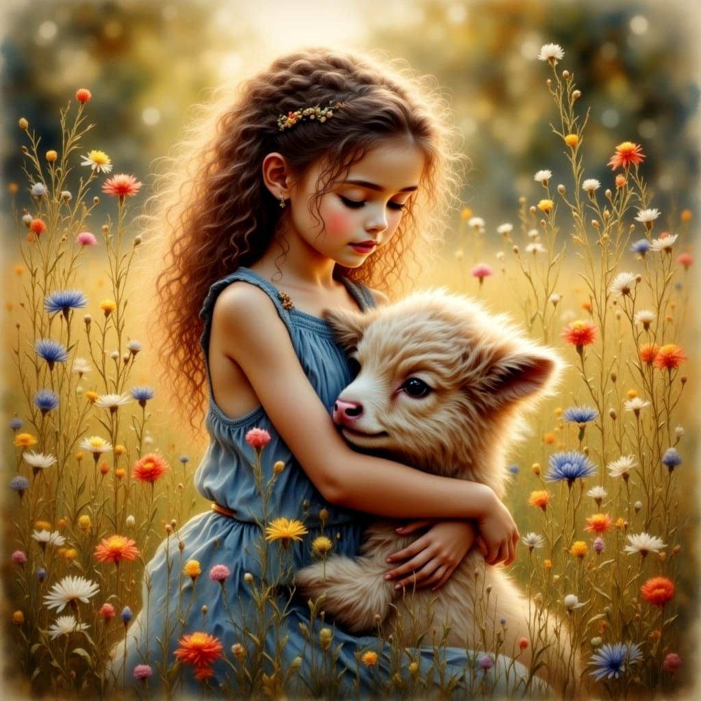 Young Girl and Highland Calf in Field