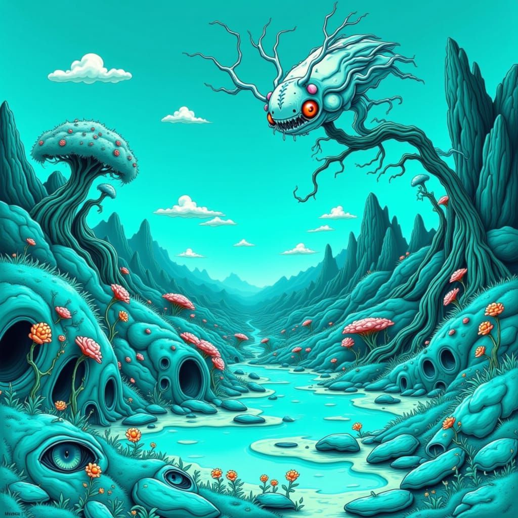 Turquoise Whimsical Landscape in Caricature Style