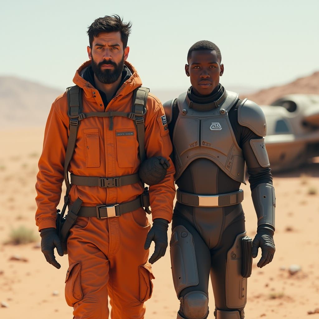 Crashed Pilots in Desert Landscape, Photorealistic Sci-Fi