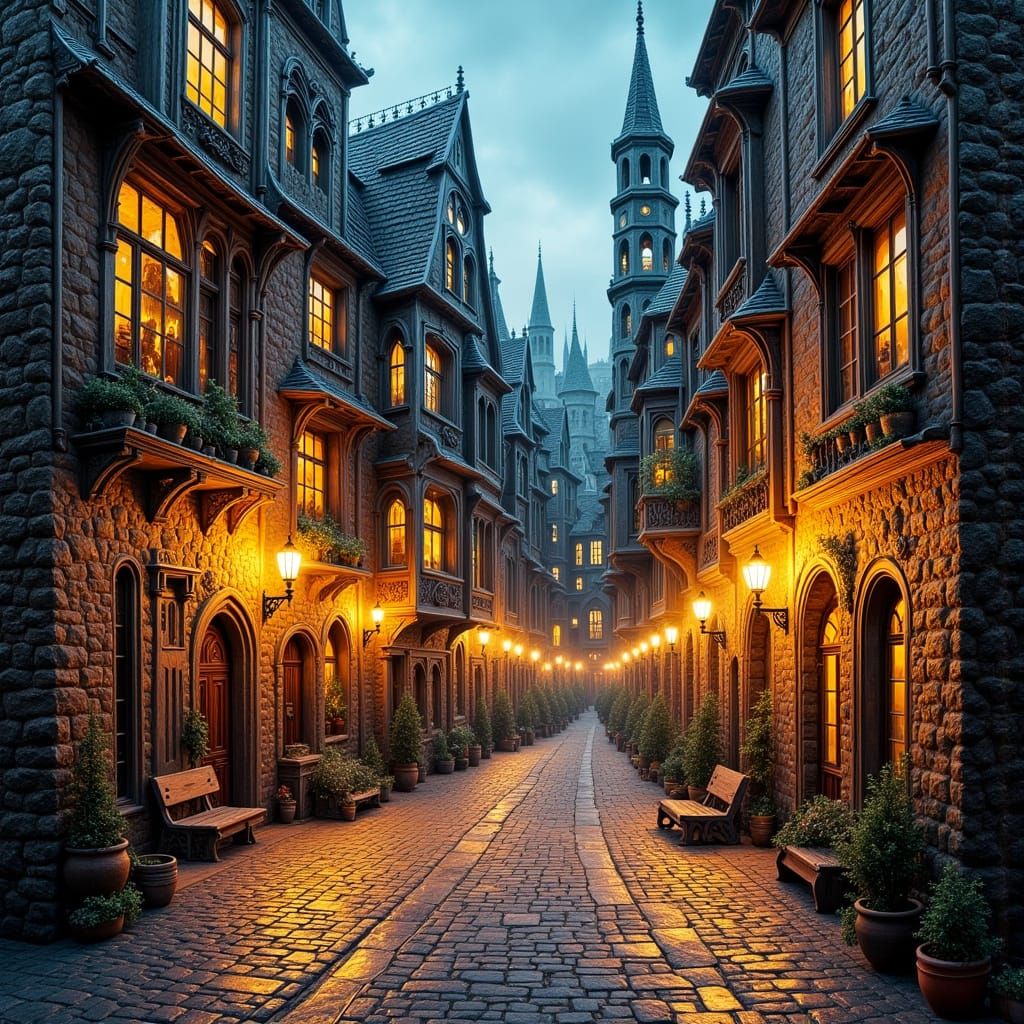 Medieval Chocolate City Square at Twilight, Oil Painting