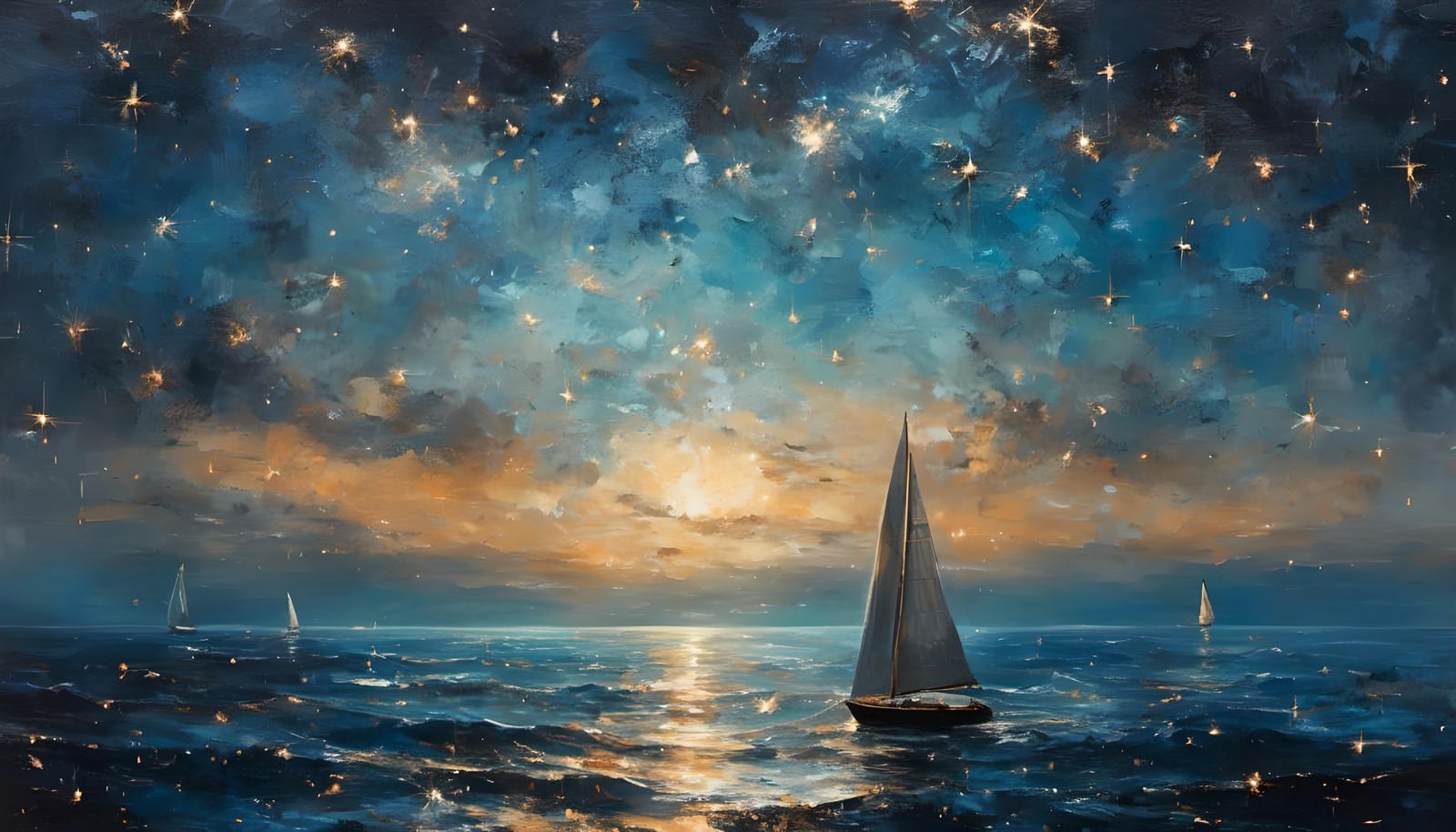 Starry Night Ocean: Oil Painting with Sailboat