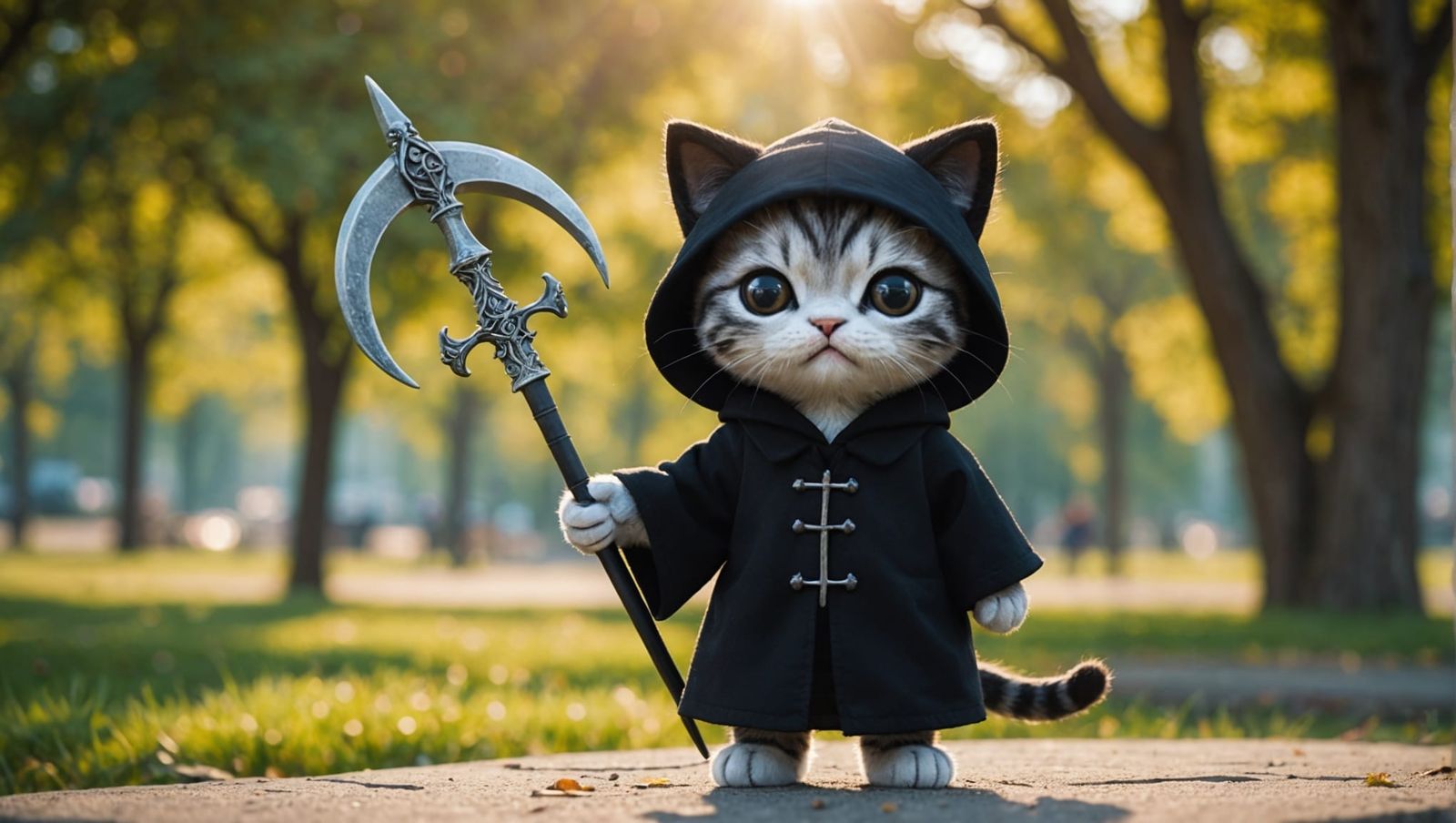 Cute Kitty Cat as Grim Reaper in Park