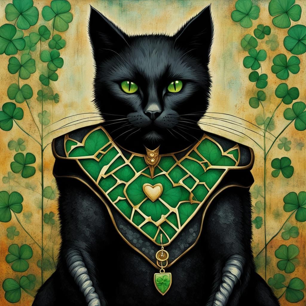Armored Cat in Wonderland with Clover Pendant