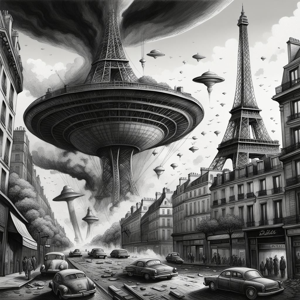 Dystopian Paris: Eiffel Tower Alien Collision