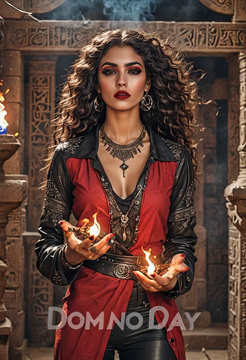 Gothic Sorceress Casting Fireball Spell in Egyptian Temple