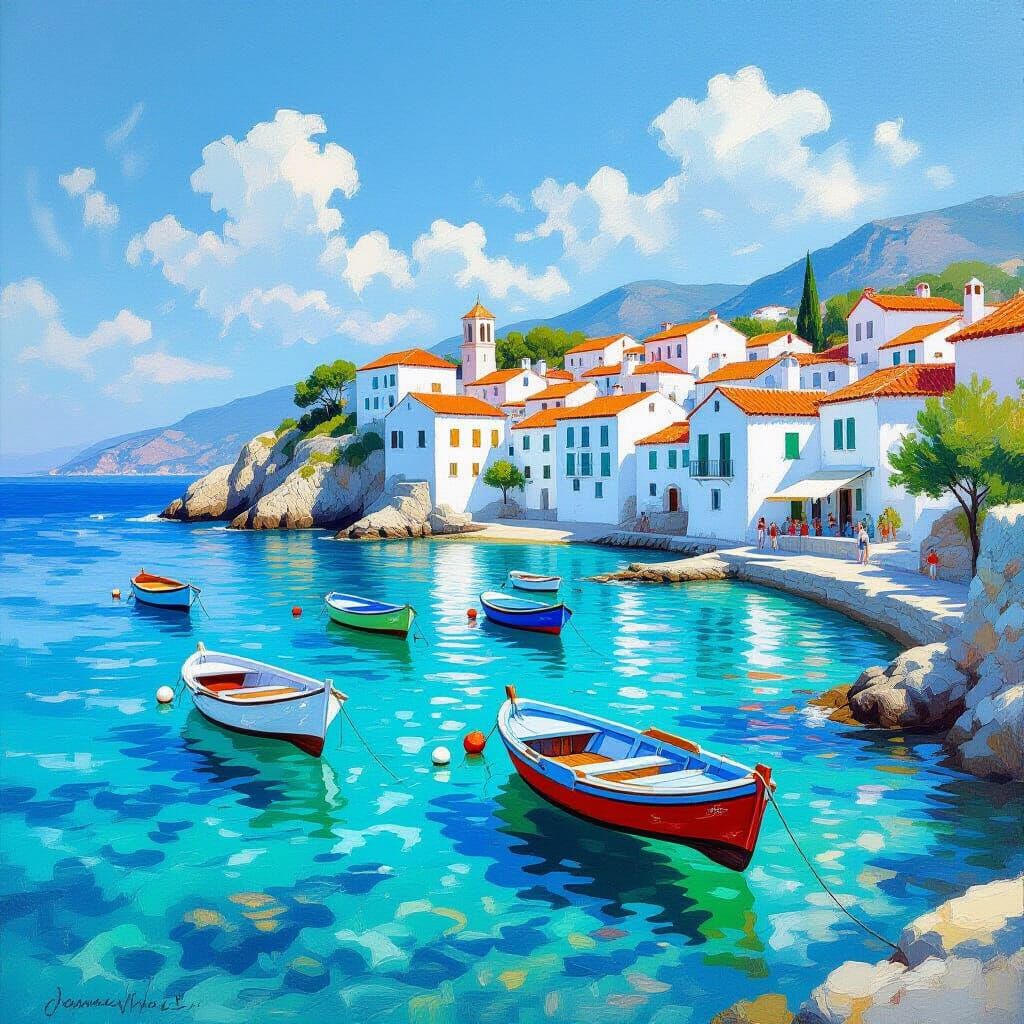 Mediterranean Seaside Village with White Houses and Red Roof...