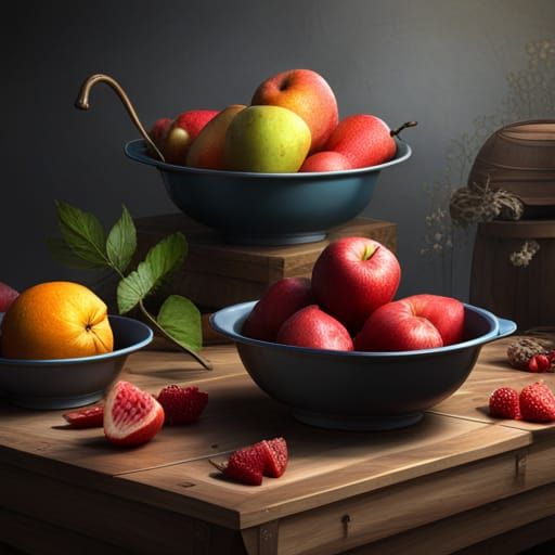 Fruit Bowls Still Life in Dark Fantasy Style
