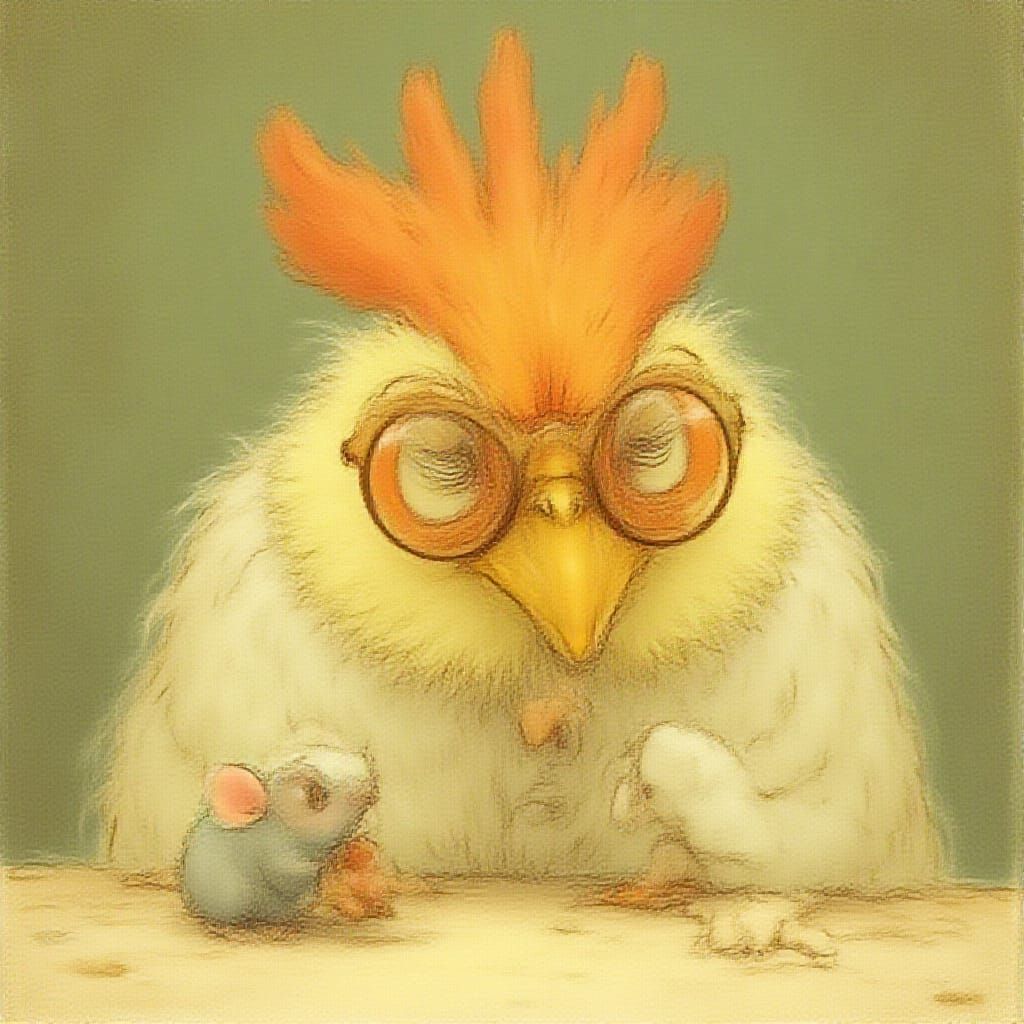 Whimsical Chicken Investigates Tiny Mouse in Enchanted Setti...