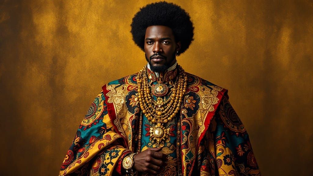 Regal Afrocentric Figure in Ornate Attire, Inspired by Yinka...