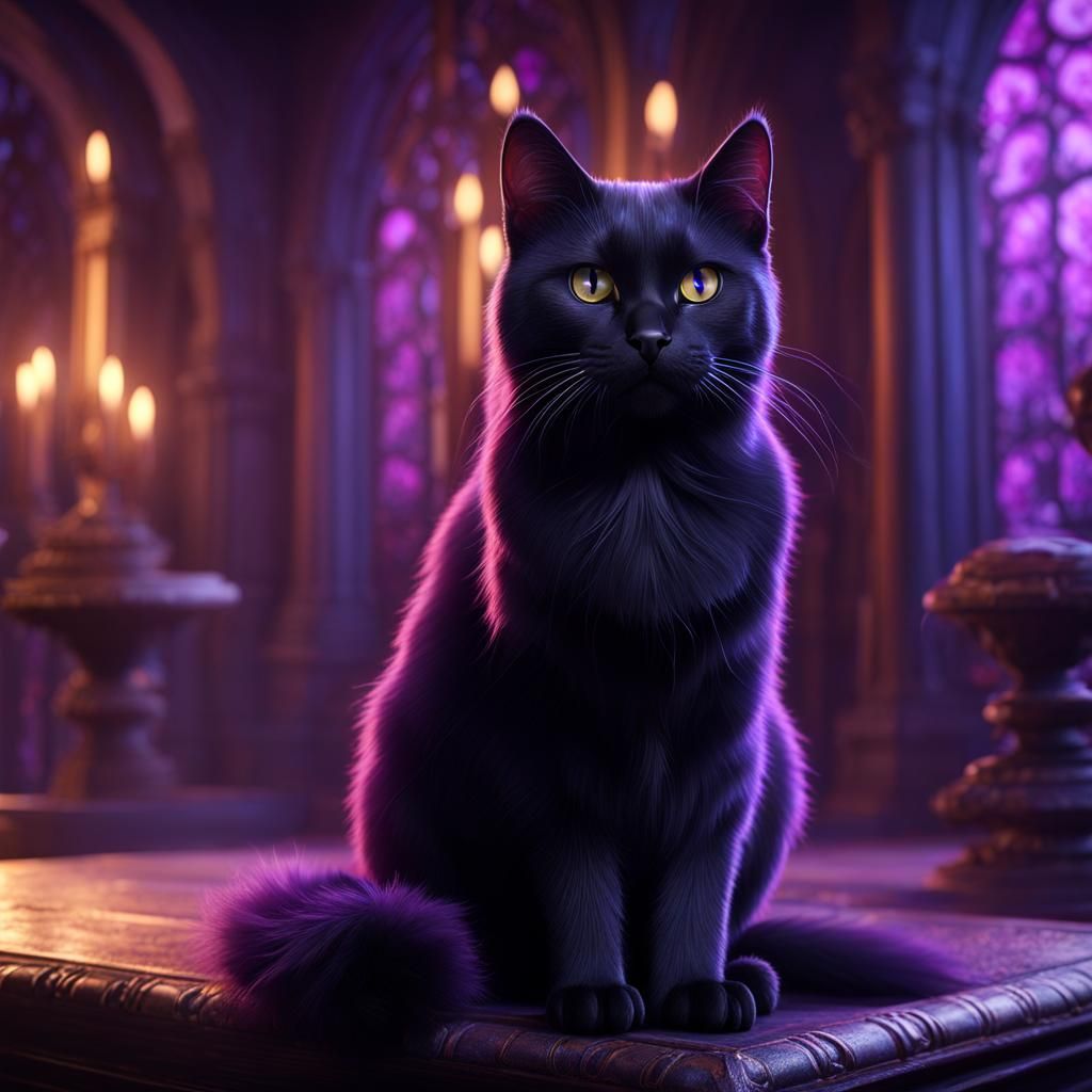 Magical Black Cat in Purple, Fantasy Concept Art