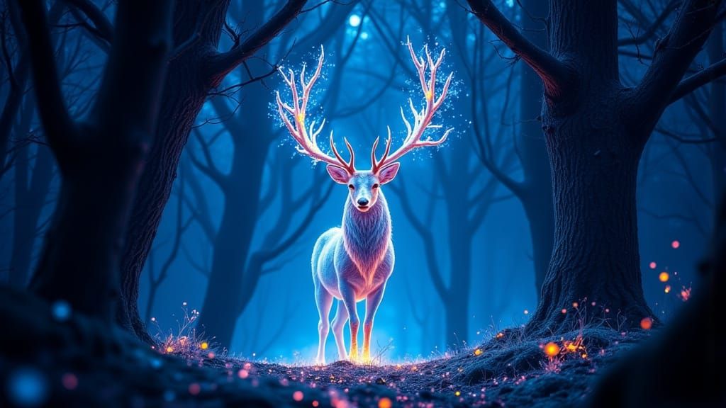 Mystical Deer with Glowing Antlers in Moonlit Forest