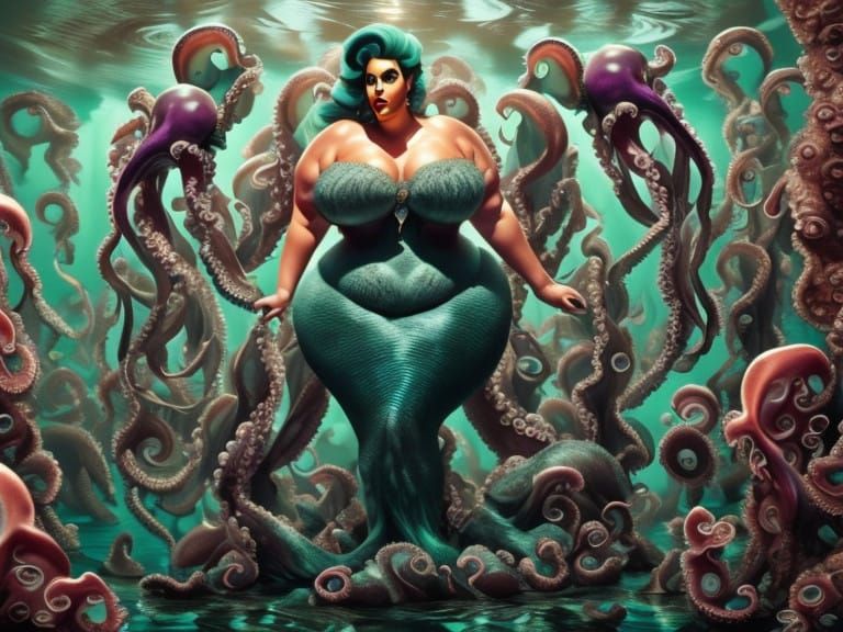 Giant Sea Witch with Octopus Tentacles in Melancholic Underw...