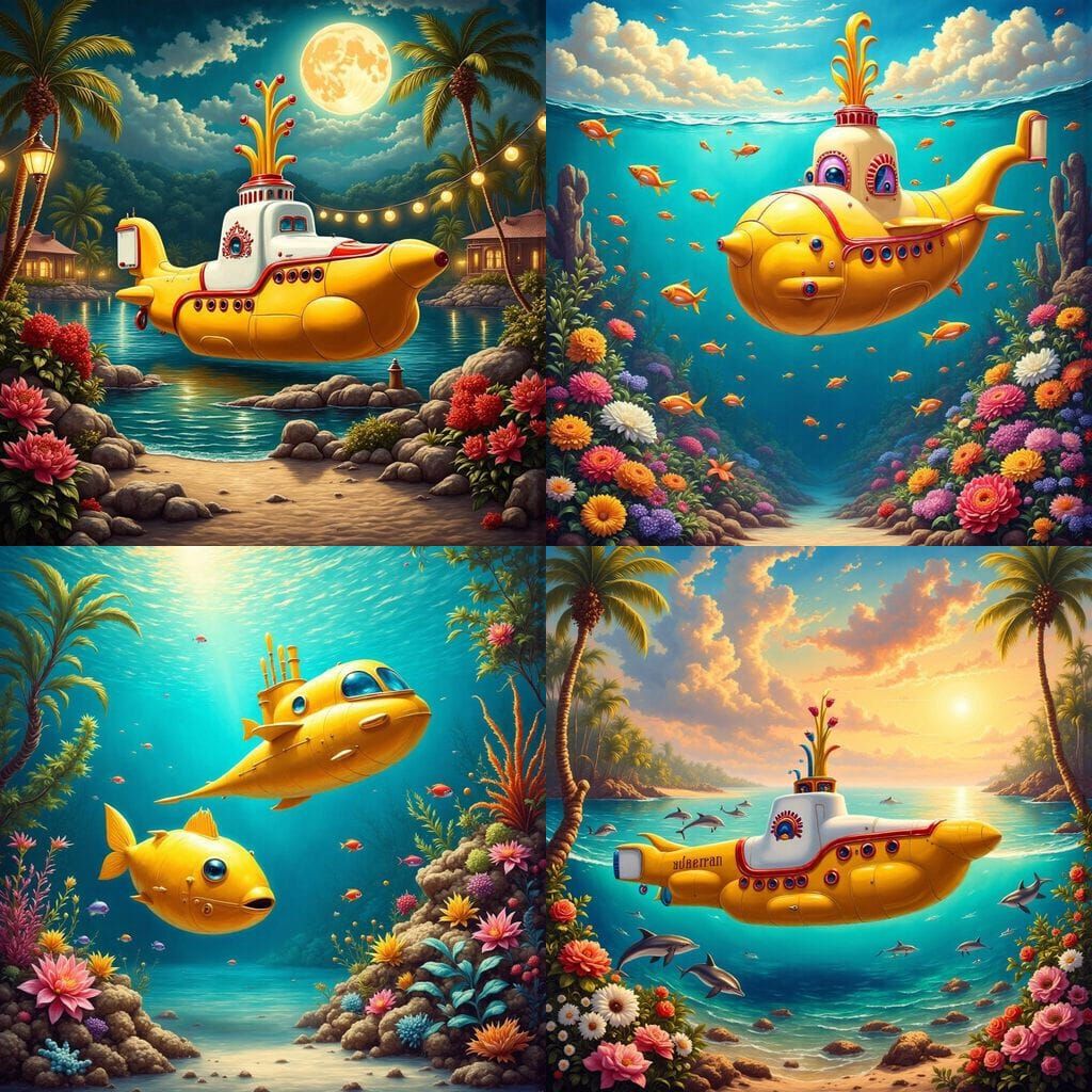 Retro Rockabilly Yellow Submarine in Whimsical Watercolor St...