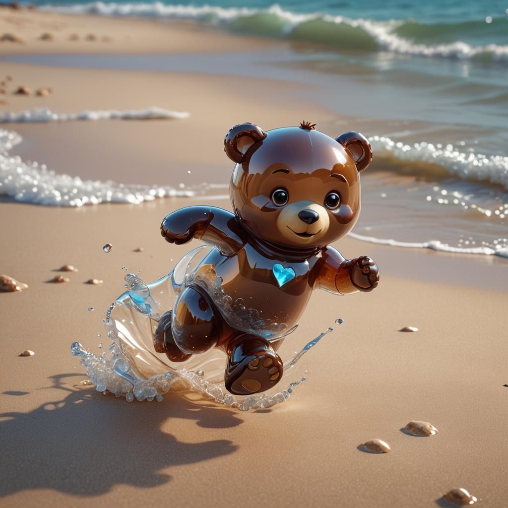 Cute Jelly Bear Running on Beach: 3D Digital Art