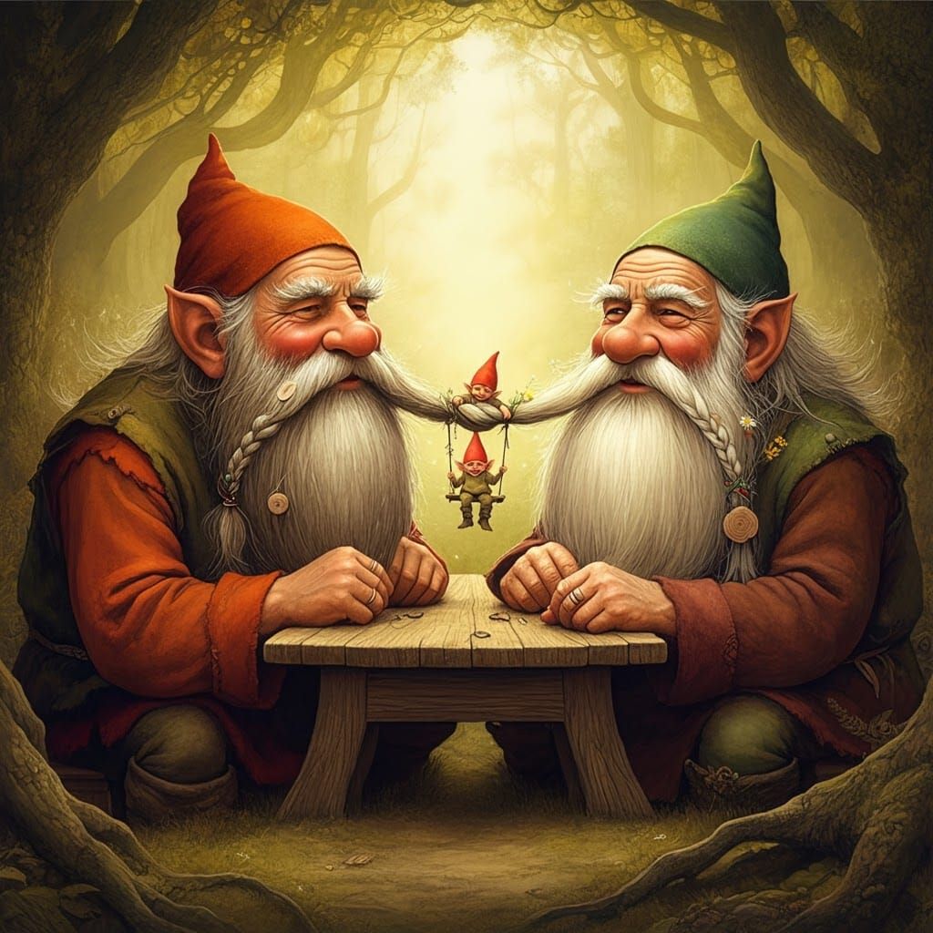two old male gnomes with long beards sitting across from eac...
