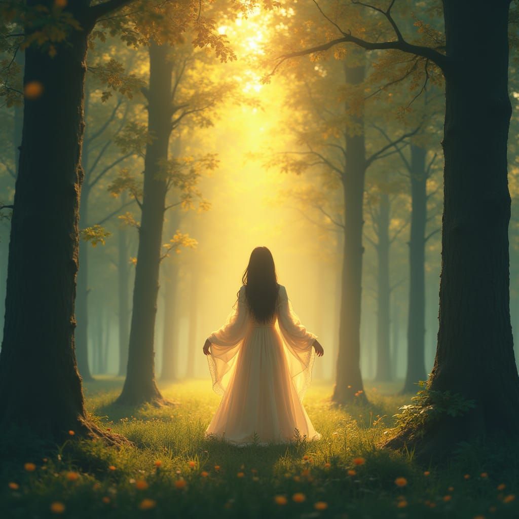 Woman in Misty Forest, Anime-Inspired