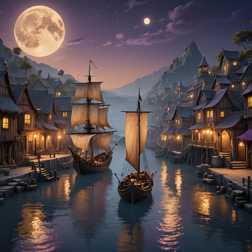 Moonlit Caravel in Mystical River Village