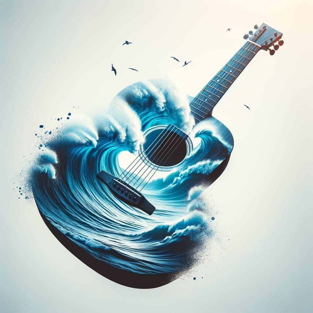 Double Exposure Guitar Silhouette with Ocean Waves