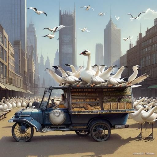 Futuristic Food Truck with Mechanical Geese