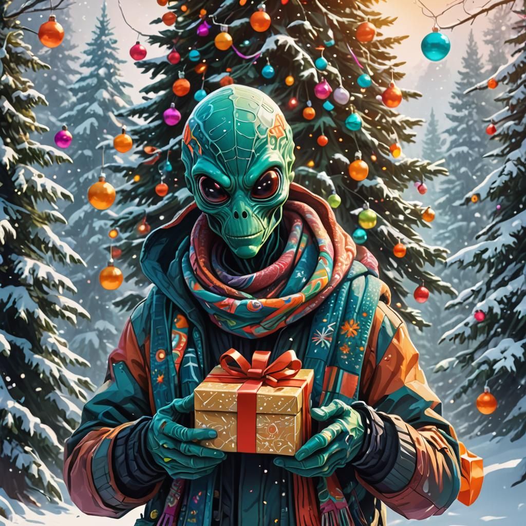 Festive Alien in Winter Forest: Digital Sci-Fi Art