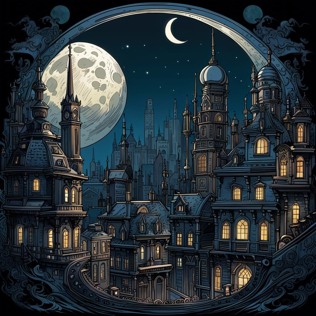 City Under Crescent Moon, Detailed Vector Art